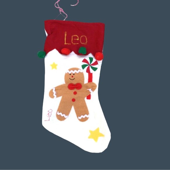 RED/WHITE GINGERBREAD MAN CHRISTMAS STOCKING "LEO" EMBELLISHED ON TOP SIZE-16" - Picture 1 of 4